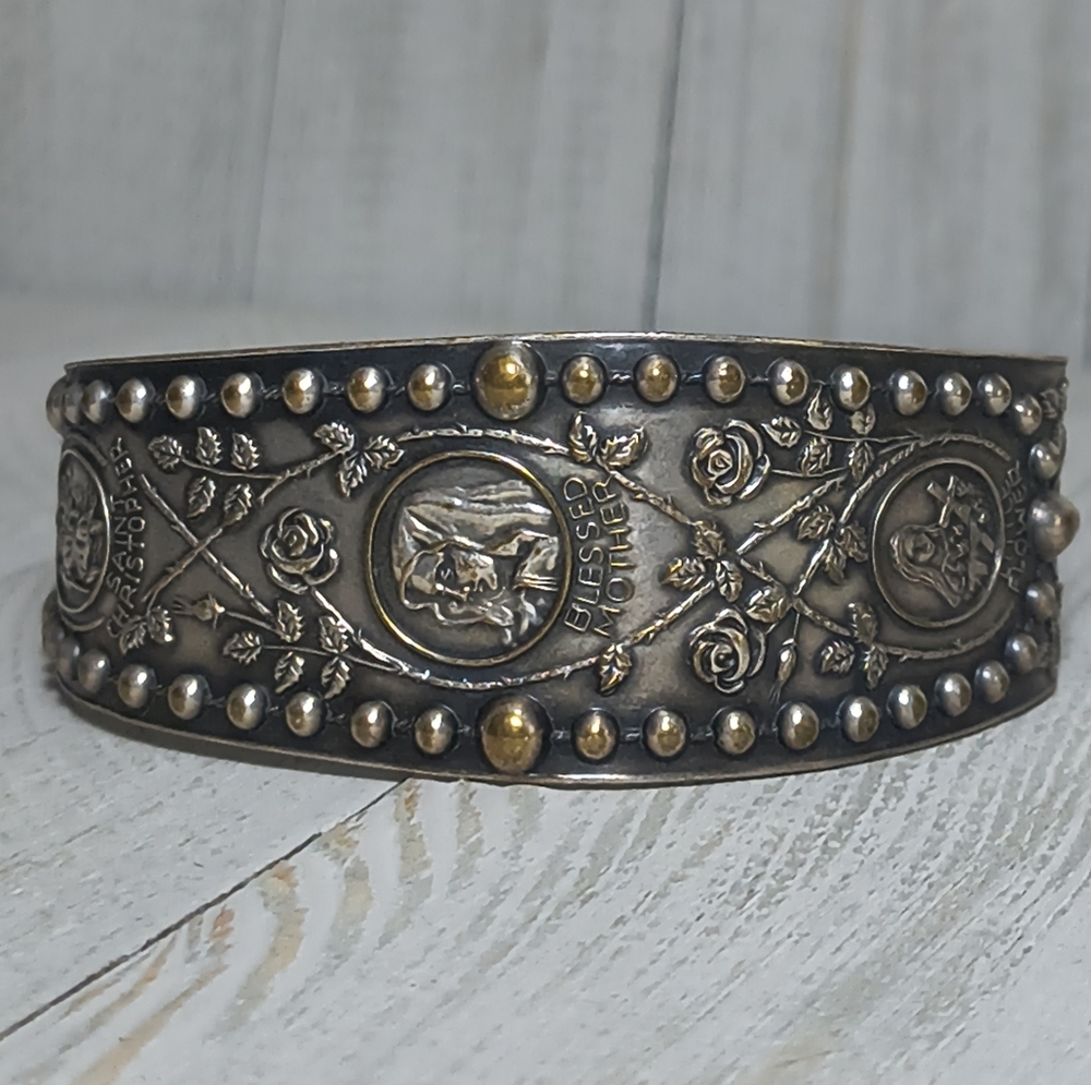 Vintage E.J. Towle Silver Plated Rosary Cuff Bracelet - Picture 2 of 8